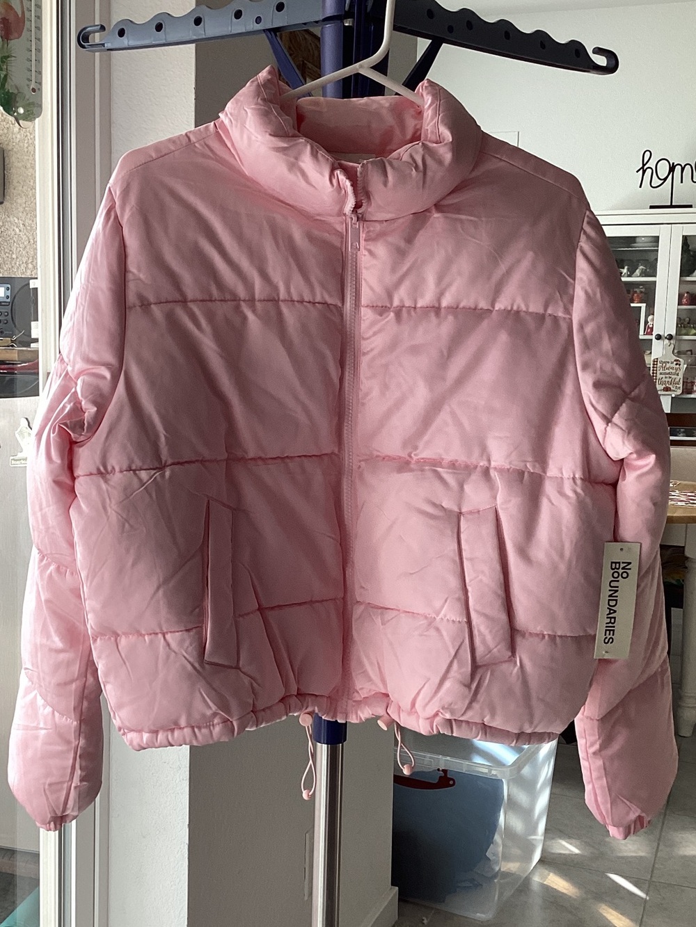 No Boundaries Light Pink Quilted Puffer Cropped Jacket - Size Large (12-14)